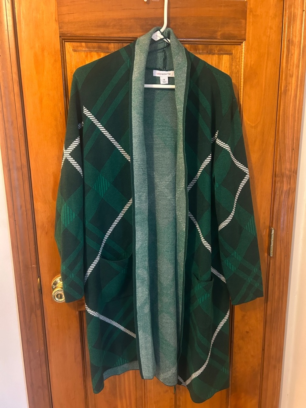 Liz Claiborne Green Plaid Long Open Cardigan Size M